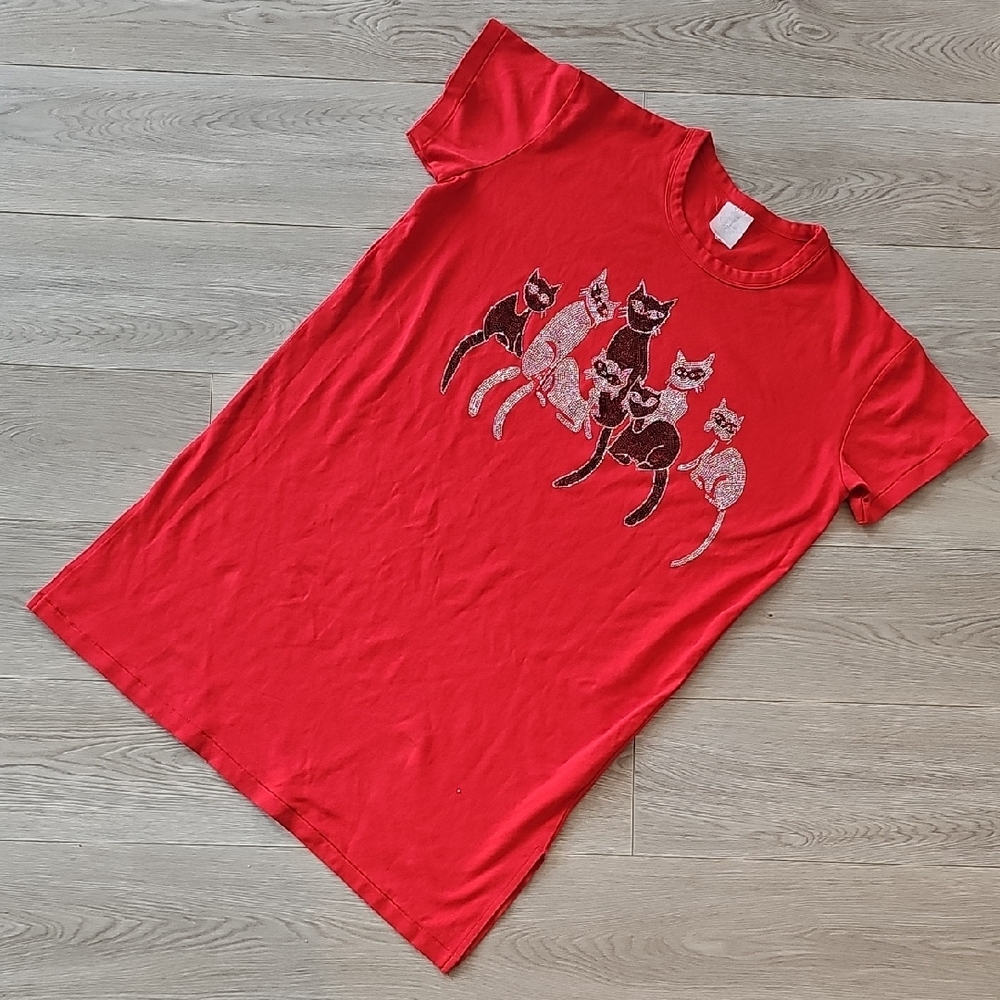 Vintage 90s Easy‎ Wear Bedazzled Cat Long Shirt Dress